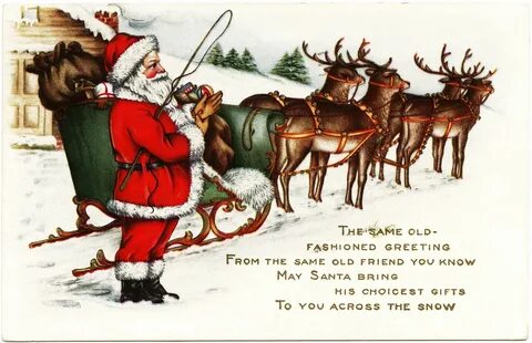 Santa and Reindeer Vintage Christmas Graphic Christmas postc