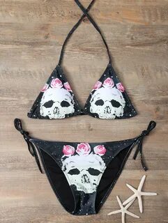 Halter Floral Skull String Bikini Set BLACK (shop: DressLily