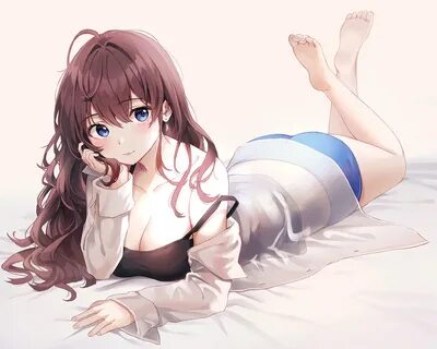 barefoot blue eyes blush breasts brown hair cat smile cleava