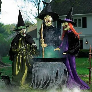 Animated Brewing Witch Trio Grandin Road Outdoor halloween, 