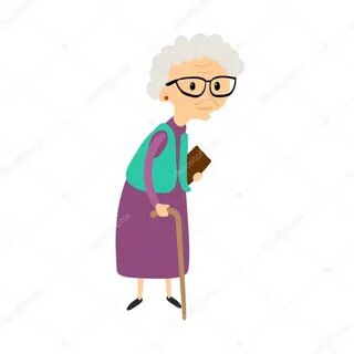 Old woman with cane. Senior lady with glasses walking. Vecto