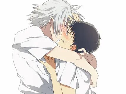 Safebooru - 2boys angry black hair blush hug ikari shinji ki