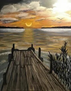 Sunset Over Water with Pier $60 16x20 Original by: TheArtShe