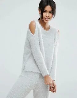 ASOS LOUNGE Jumper With Cold Shoulder In Fluffy Yarn Co-ord 