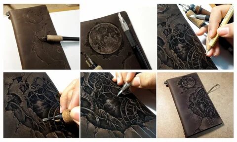Pyrography(leather burning) on leather notebook cover. Midor