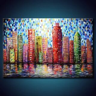 TEXTURED Urban City Buildings Painting. Abstract ORIGINAL 24