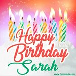 Happy Birthday GIF for Sarah with Birthday Cake and Lit Cand