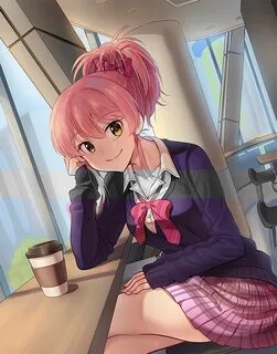 Safebooru - 1girl blush bow breasts closed mouth coffee cup 