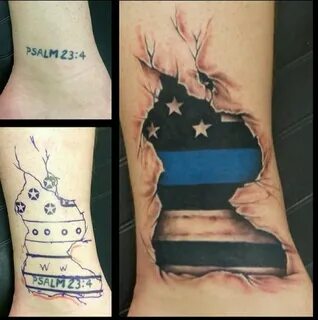 Tattoo cover up with flag torn through skin of the things bl