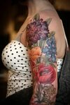 Floral half sleeve by Alice Kendall (mostly healed purple fl