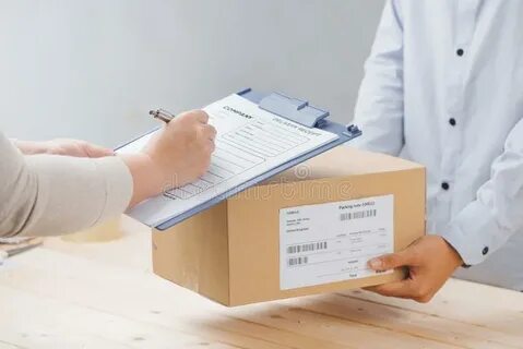 Courier with Parcels on Doorstep, Stock Image - Image of per