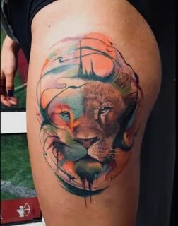 Watercolor Lion Thigh Tattoo Lion tattoo on thigh, Watercolo