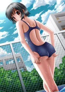 Safebooru - 1girl :o adjusting clothes adjusting swimsuit as