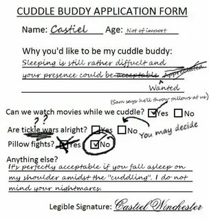 cuddle buddy application form Tumblr Supernatural funny, Sup