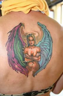 Devil angel girl tattoo on upper back - Tattoos Book - 65.00