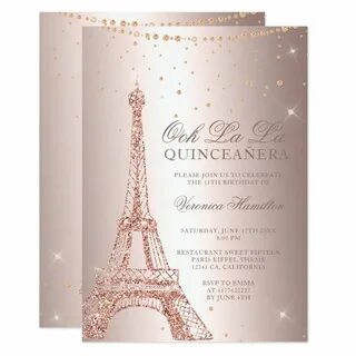Eiffel tower rose gold metallic foil quinceanera invitation 