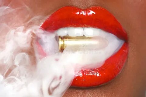 Beautiful Lips of a Woman with Cigarette Smoke Stock Image -