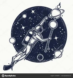 Astronaut in deep space t-shirt design. Diver floats in spac