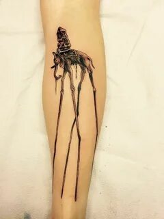 Black And Grey Dali Elephant Tattoo On Leg Calf Leg tattoos,