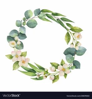 Watercolor vector wreath with green eucalyptus leaves, Jasmi