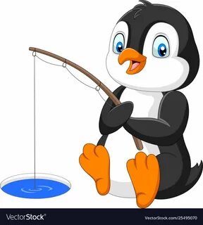 Illustration of Cartoon Penguin fishing on the arctic ice. D