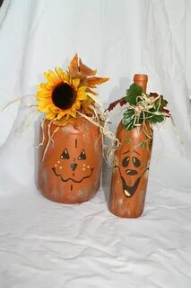 Hand painted scarecrow and pumpkin wine bottles Поделки из в