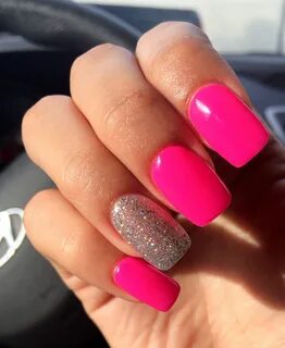 Acrylic Nails - Hot Pink Gel with Silver Clear Glitter Pink 