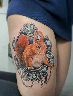 Colorful squirrel in mirror frame tattoo on thigh
