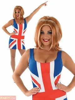 Ladies Ginger Spice Costume + Wig Spice Girls Union Jack 90s