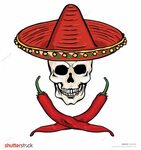 vector skull in a Mexican sombrero and ?ross of chili pepper