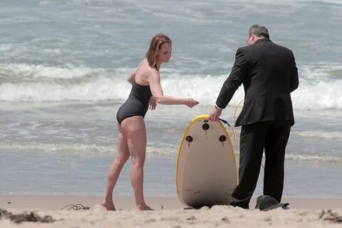 Helen Hunt wearing a swimsuit on the set of 'Ride' in LA Aug