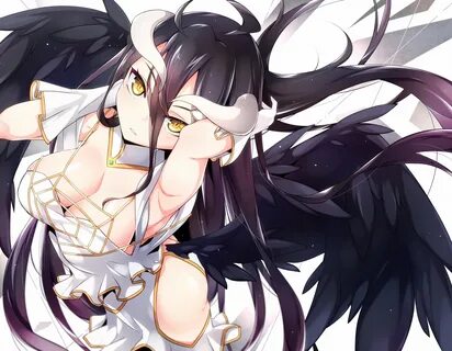 Wallpaper : Albedo OverLord, black hair, boobs, cleavage, dr