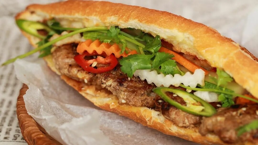 "Banh mi thit nuong" which is Vietnamese sandwich with grilled po...