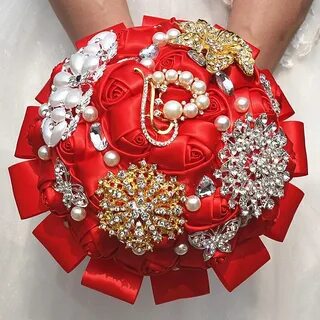 Red Wedding Bouquets Satin Lace Ribbon Pearls Artificial Flo