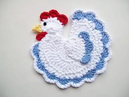 Crochet Chicken Rooster Country Farm Animal White and Blue C