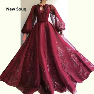 South Africa Arabic Burgundy Evening Dresses Puffy Tulle Lon
