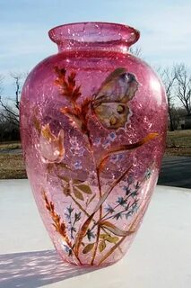 Moser Cranberry Crackle Glass Vase with Butteryfly Glass art
