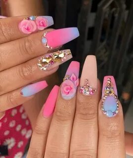 Uñas/diseño/rosas/mate/acrílicas Gem nails, Bling nails, Per