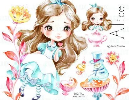 Alice in Wonderland Watercolor Clipart flowers Elements Etsy