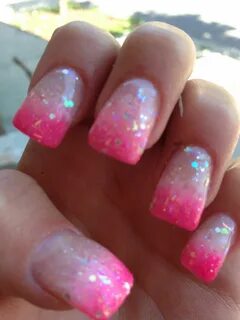 Hot pink and white ombré tip nails with glitter Ombre nails 