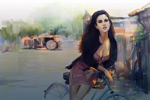 Скачать обои взгляд, велосипед, улица, арт, нарисованная девушка, раздел жи...