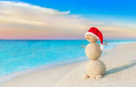 Обои песок, море, пляж, Новый Год, Рождество, снеговик, happ