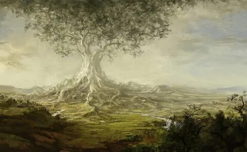 tree, Giant, Valley, River, Roots, Art, Paintings, Landscape