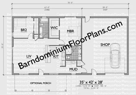 2 bedroom 2 bath Barndominium Floor plan for 35 foot wide bu