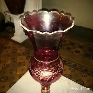 Cranberry Cut Glass Hurricane Lamp - Bohemian 1890s Jual Ant