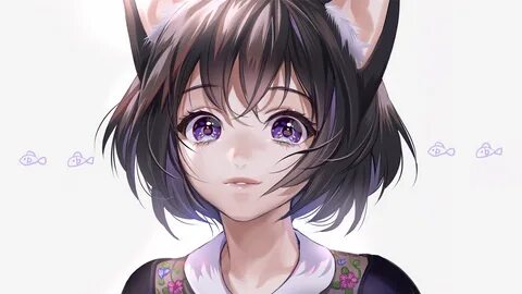 #916303 4K, anime girls, anime, black hair, smiling, cat gir