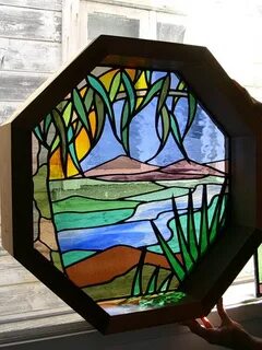 Landscape scene in octagon shape; Stained Glass Stained glas