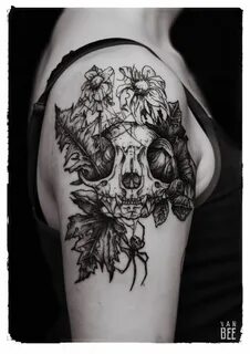 Cat skull with leaves, flowers and a spider. Done by Chris V