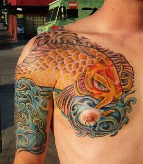 Water Wave Koi Fish Tattoo On The Chest - Parryz.com