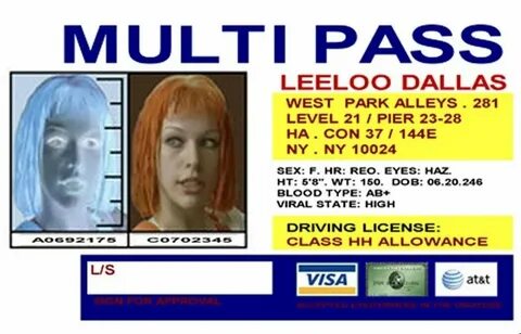 LeeLoo Dallas or Korben Multipass The Fifth Element Cosplay 